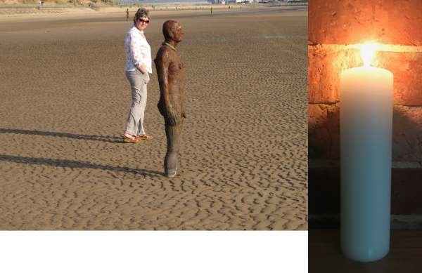 Diddley mimicking a Gormley Statue on Crosby Beach, with an image of a lit candle on the right.