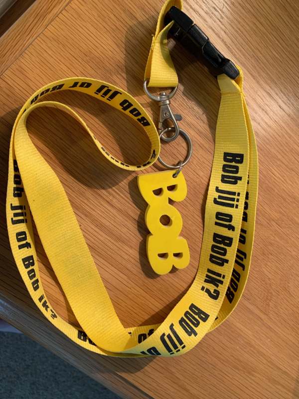 The word Bob in yellow letters attached to a yellow lanyard, on which is written: "Bob jij of Bob ik?" It was from a Dutch drink/driving campaign.