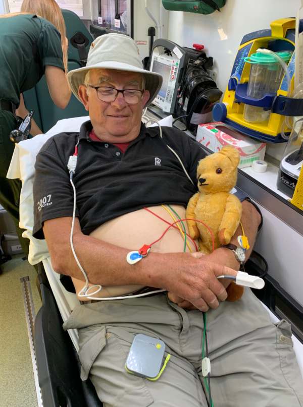 Bobby, with Eamonn, on the trolley in the ambulance.