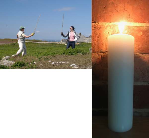 Diddley and Amber having a mock sword-fight and a separate image of a lit candle in their memories.