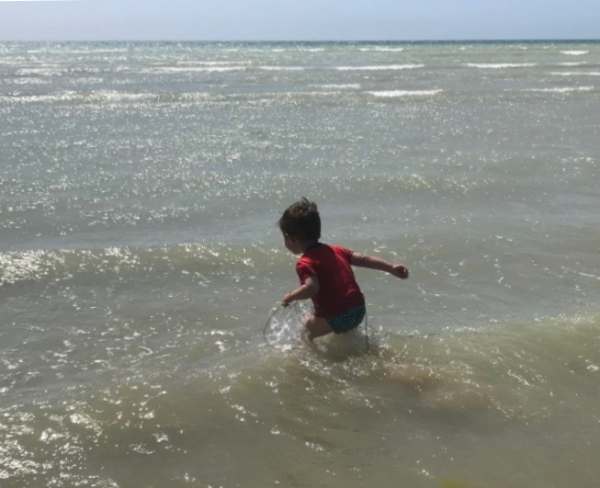 Little Jay playing in the sea at Worthing.