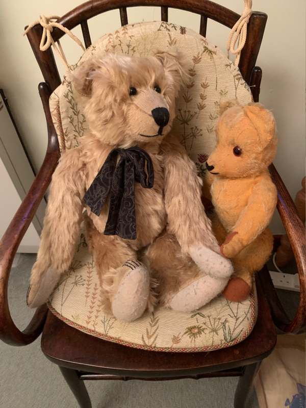 Eamonn & Bertie sat in a wooden chair.