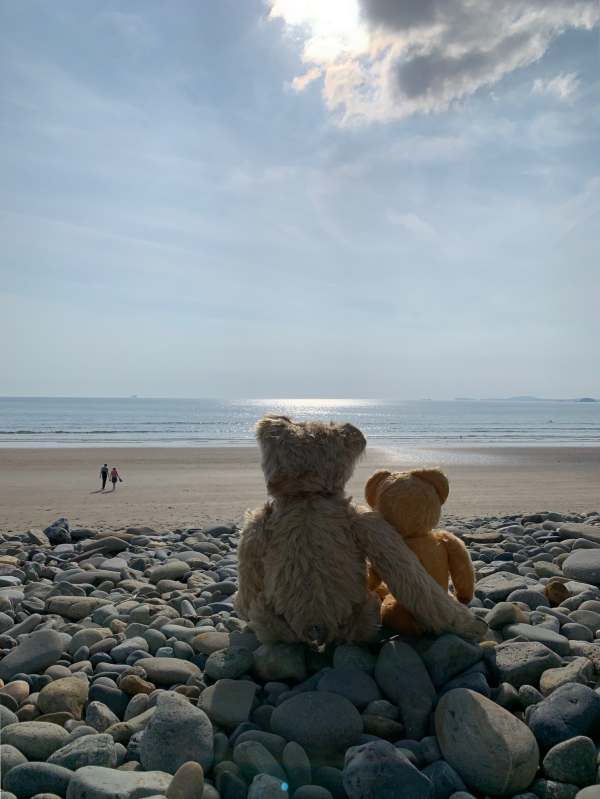 Bertie sat on a pebble beach with his right arm around Eamonn looking out to sea.