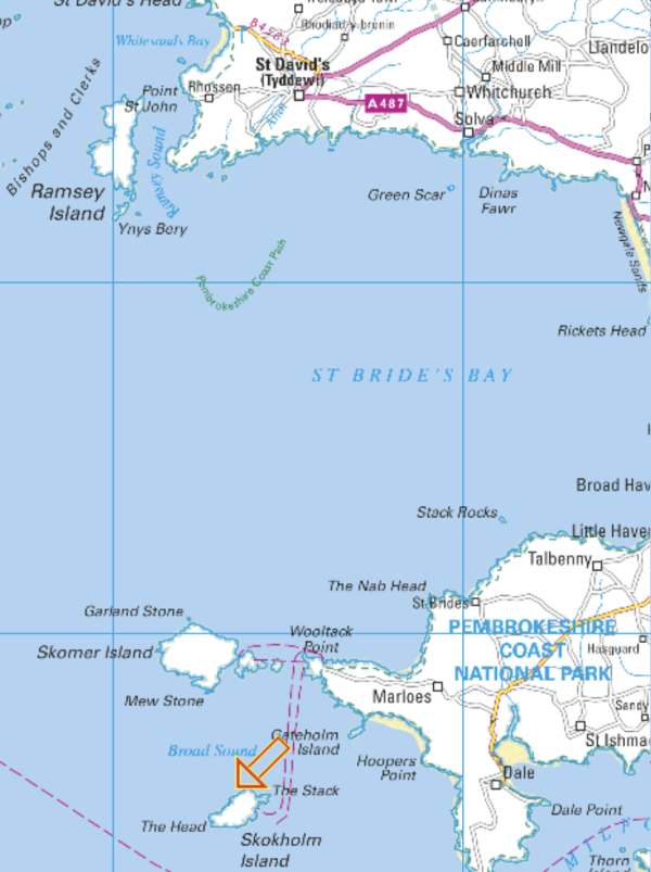 Map showing the location of Skokholm Island.