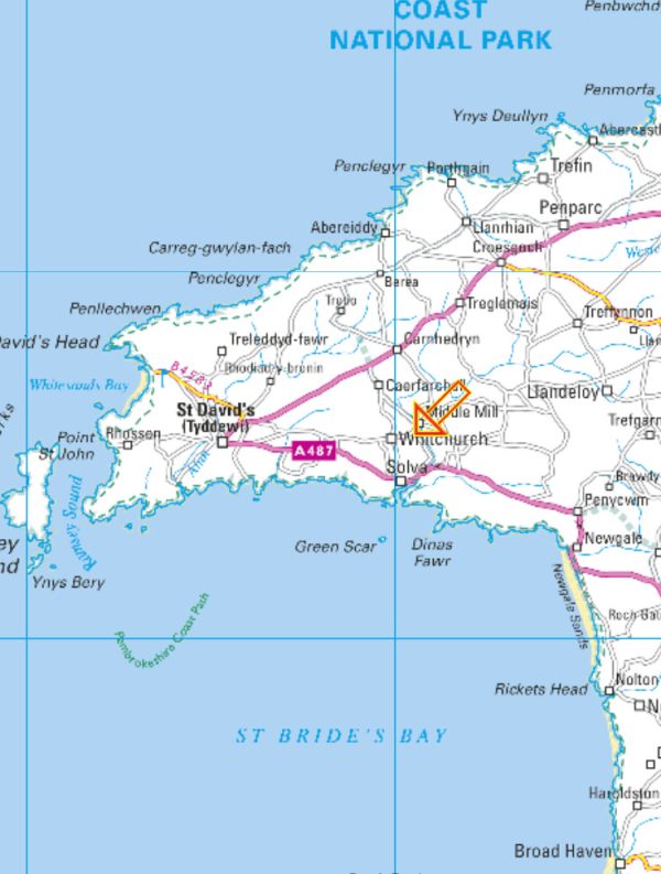 Map of Pembrokeshire, showing Whitchurch and the coast.