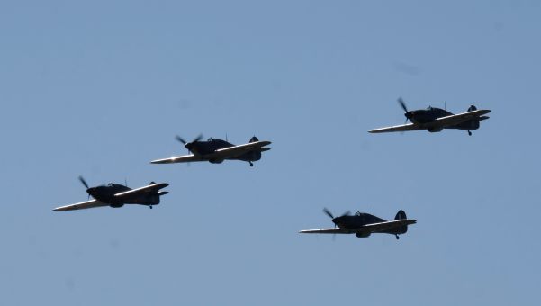 4 Hurricanes in the air at Duxford 2019.