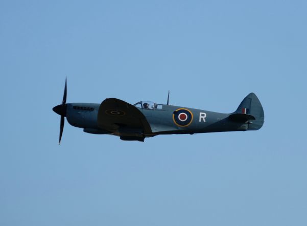 Spitfire in the air at Duxford 2019.