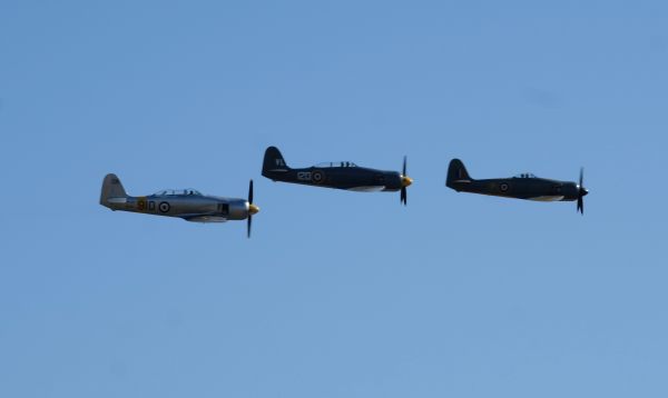 Three Hawker Sea Furies flying at Duxford Airshow 2019.