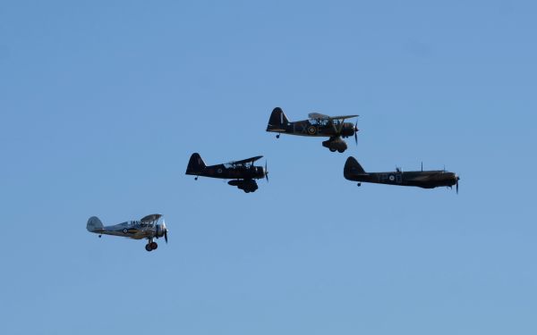 Gloster Gladiator, two Westland Lysanders and a Bristol Blenheim flying at the Duxford Airshow 2019.