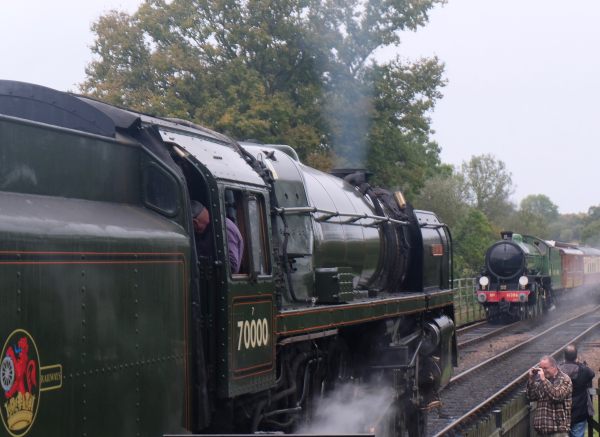 Two "Giants of Steam": Britannia” (left) Mayflower (right). Bluebell Line, October 2019.