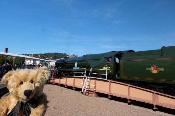 West Somerset Railway - West Country 34052 Lord Dowding on the turntable at Minehead.