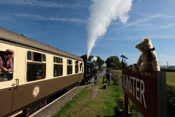 West Somerset Railway - Bertie sat on the Station Sign at Dunster.