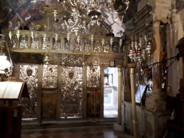 The ornate interior of the monastery in Paleokastritsa.