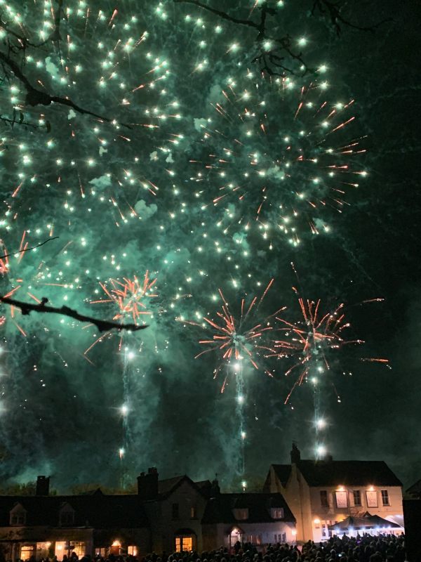 Fireworks seen over the rooftops at Brockham.