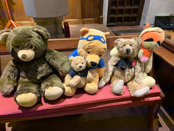 Bertie sat amongst the other bears in Bear Corner at St Mary Magdalene.