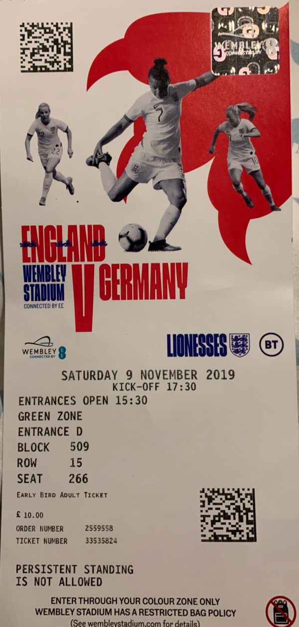 Englad v Germany Women's match ticket. Saturday 9 November 2019.