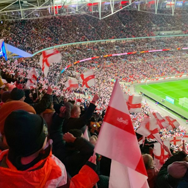 England flag-waving fans for the Lionesses at Wembley Stadium.