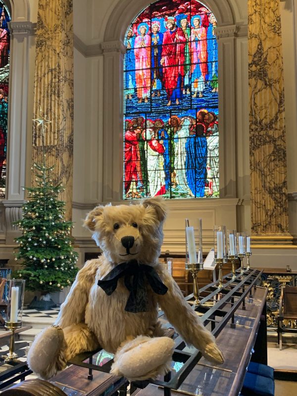 Bertie in front od one of the magnificent windows in St Philip's Cathedral, Birmingham.