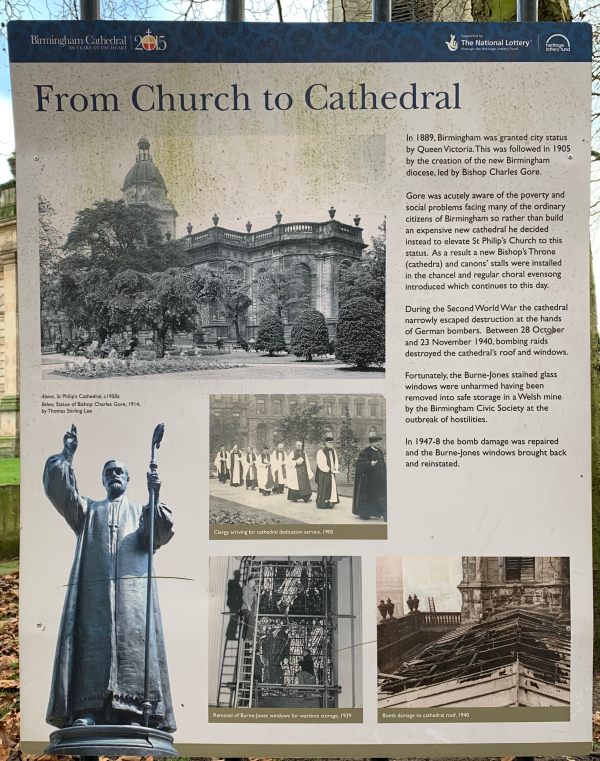 Interpretation board describing how St Philip's, Birmingham, grew from a Parish Church to a Cathedral.