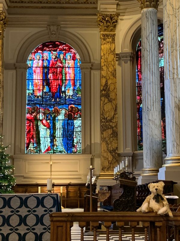 Bertie in front of one of the magnificent stained glass windows in St Philip's Cathedral, Birmingham.