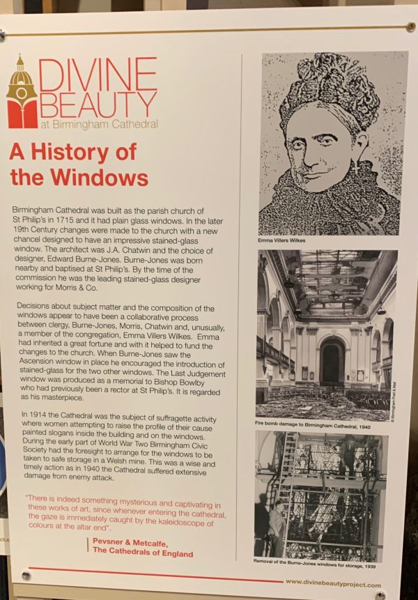 Interpretation board in St Philip's Cathedral, Birmingham, detailing how the windows were protected in the war by being removed and stored in Welsh Slate Mines.