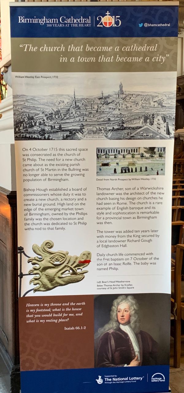 Interpretation Board with a brief history on Birmingham and St Philip's Cathedral.