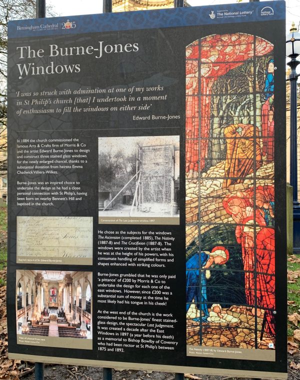 Interpretation Board telling about the Burne-Jones stained glass windows in St Philip's Cathedral, Birmingham.