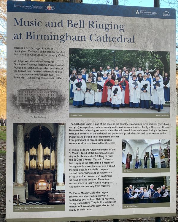 Interpretation Board telling about Music and Bell Ringing at St Philip's Cathedral, Birmingham.