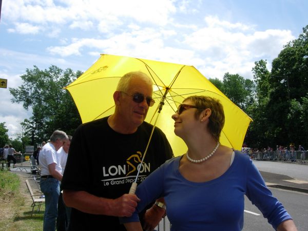 Bobby & Diddley under a yellow umbrella.