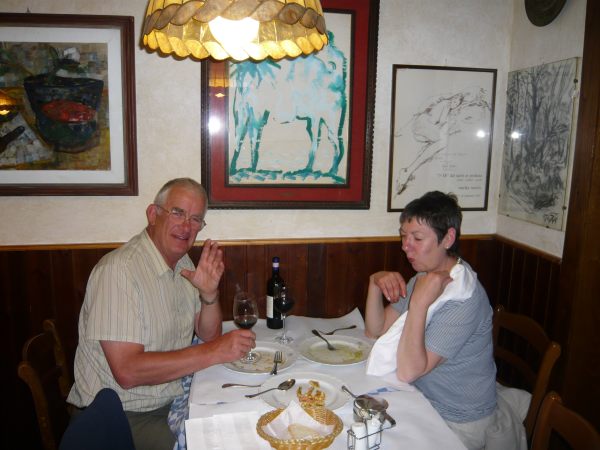Bobby & Diddley enjoying a meal together in an Italian restaurant.