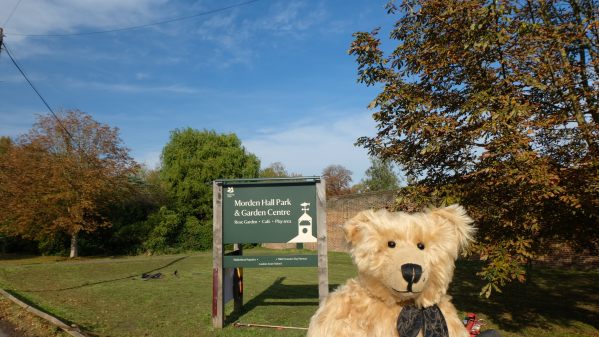 Bertie outside Morden Hall Park & Garden Centre.