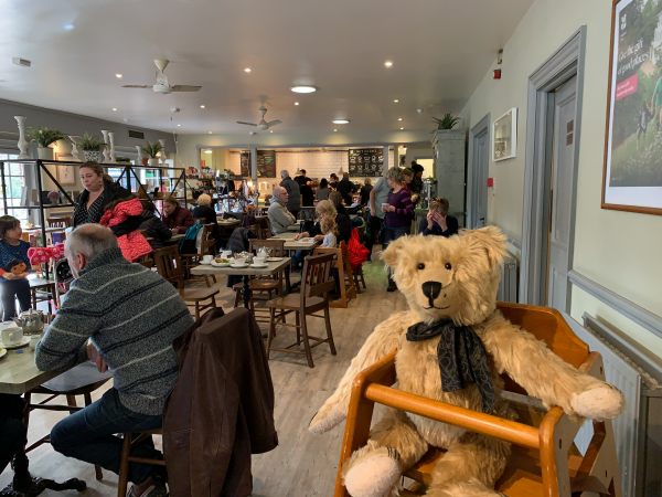 Bertie in a high chair in the Morden Hall Park Café!