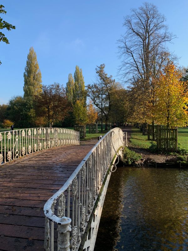 Looking across an iron bridge over the river in Morden Hall Park.