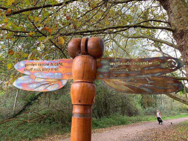 Wooden signpost made to look like a dragonfly. The wings to the right are pointing to the boardwalk.