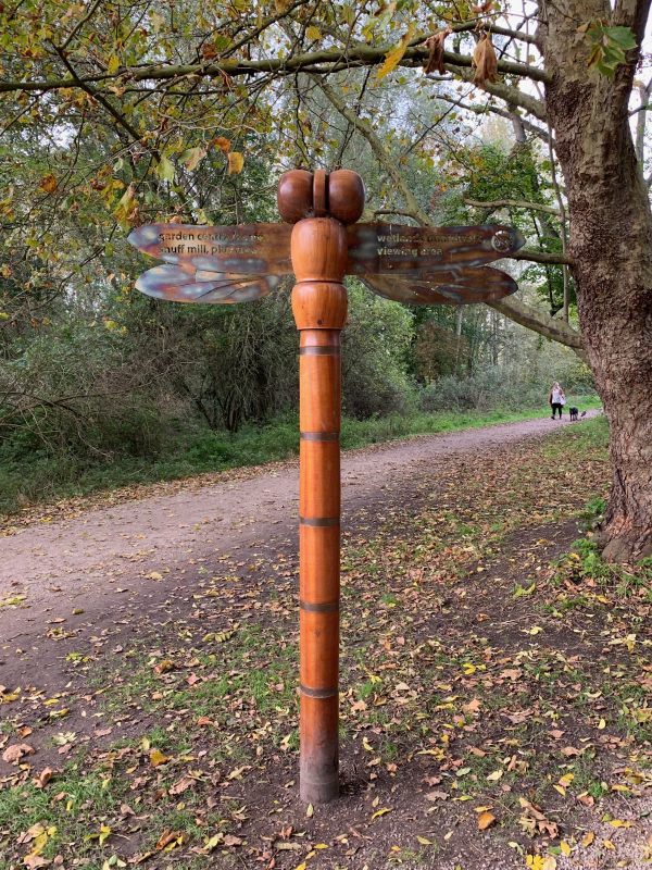 Full view of the dragonfly sign pointing to the boardwalk in Morden Hall Park.