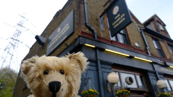 Bertie outside the Charles Holden Pub at 