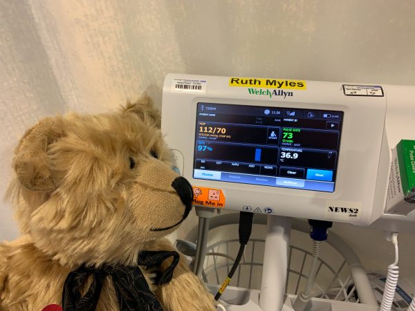 Bertie studying the readout on the blood pressure machine.