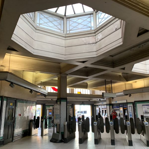 The double height entrance hall at Tooting Broadway with a glass skylight.