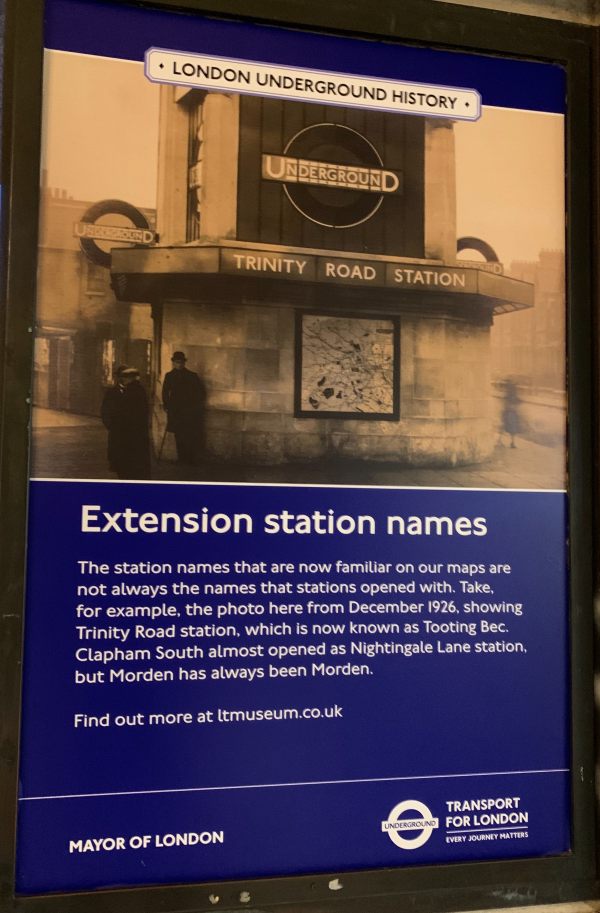 Poster explaining Tooting Bec's previous name.