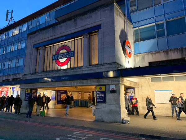 Exterior of Morden Underground Station. A modern concrete building.