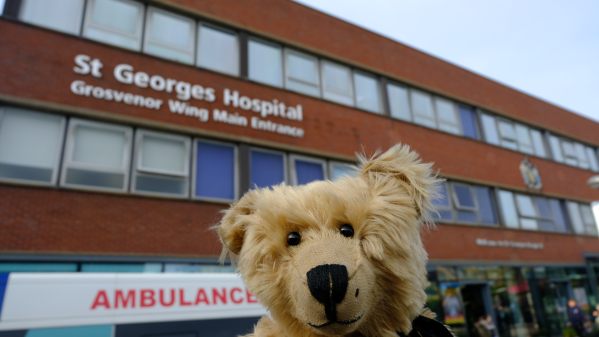 Bertie outside the entrance of St George's Hospital.