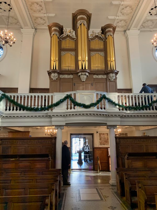 St Botolph without Aldgate. The oldest complete church organ in the United Kingdom. Returned to its 1744 specification.