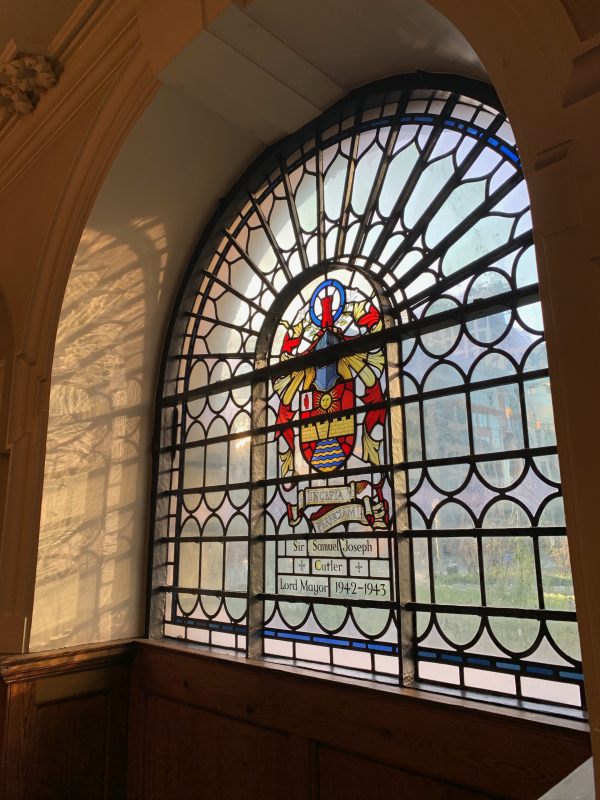 Stained glass window in St Botolphs dedicated to Sir Samuel Joseph, Cutler, Lord Mayor 1942-1943.