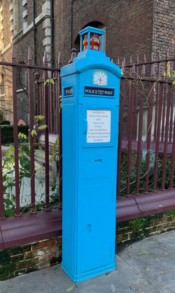 An original Police Telephone post in light blue.