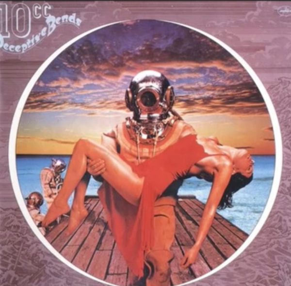 Album cover of 10cc's "Deceptive Bends" - featuring a diver in full gear carrying a lady in a red dress across his arms.