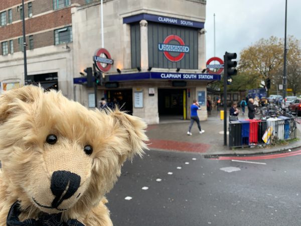 Bertie posing outside Clapham South station.