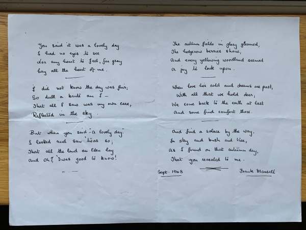 A hand-written poem from Frank Mansell dated Sept 1948. The text of this is underneath the picture in "Lighting a Candle for Diddley".