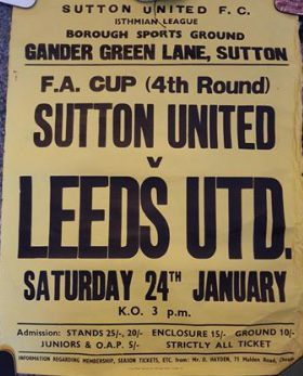 Poster for Sutton United vs Leeds United. FA Cup (4th Round) Sat 24 January 1970.