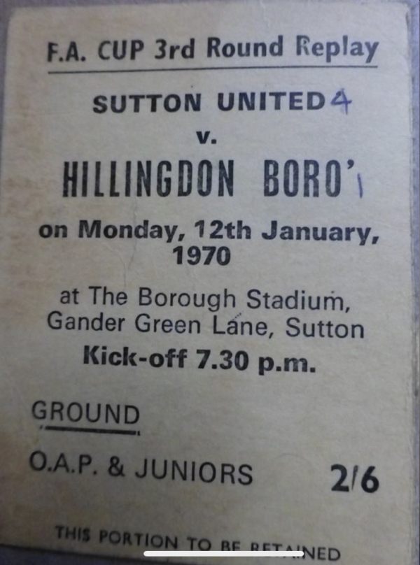 I Woz There! Ticket from the Sutton United vs Hillingdon Boro replay Saturday 12 January 1970, marked with the final result 4-1!