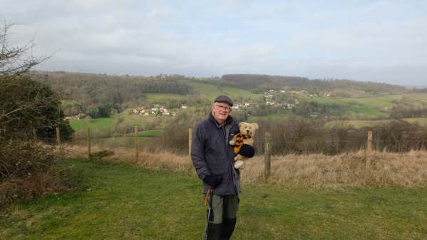 Bobby holding Bertie above Slad on Swift's Hill.